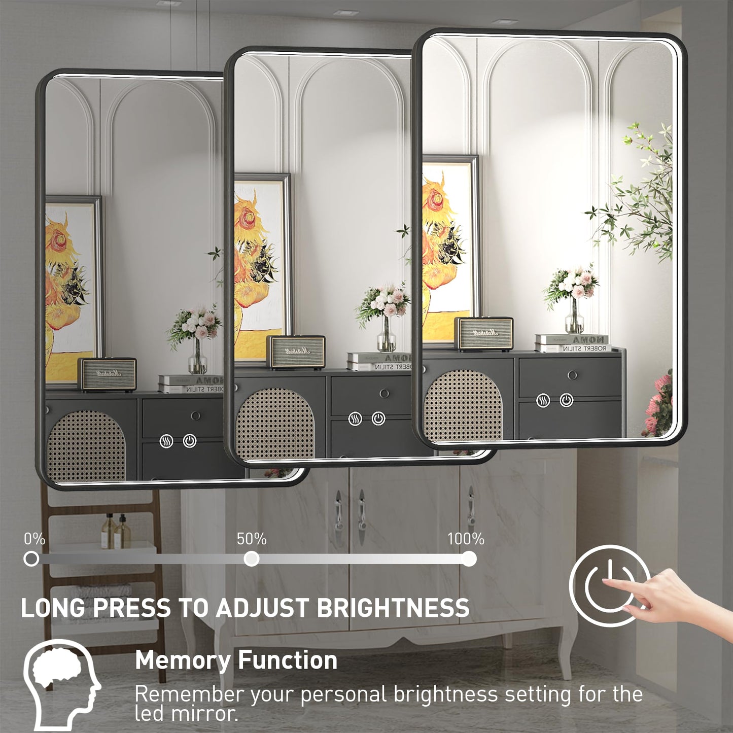 FTOTI 36x24 Inch LED Bathroom Mirror with Lights, Black Metal Frame Mirror, Wall Mounted Lighted Vanity Mirrors for Wall, Anti Fog Dimmable Led Mirror for Makeup