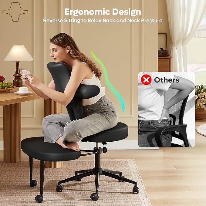 Ergonomic Cross Legged Office Chair Extra Wide for ADHD and Meditation, Kneeling Chair with 360° Swivel Wheels and Reversible Seating, Adjustable Height and Seat Deapth, PU Leather, Black