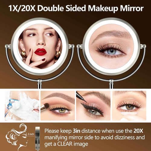 20x Large Lighted Makeup Mirror, Rechargeable 9" Magnifying Makeup Mirror, 30-Minute Timer,3 Color Modes, Adjustable Brightness, No Assembly Required, 360° Rotation Cosmetic Mirror, Pearl Nickel