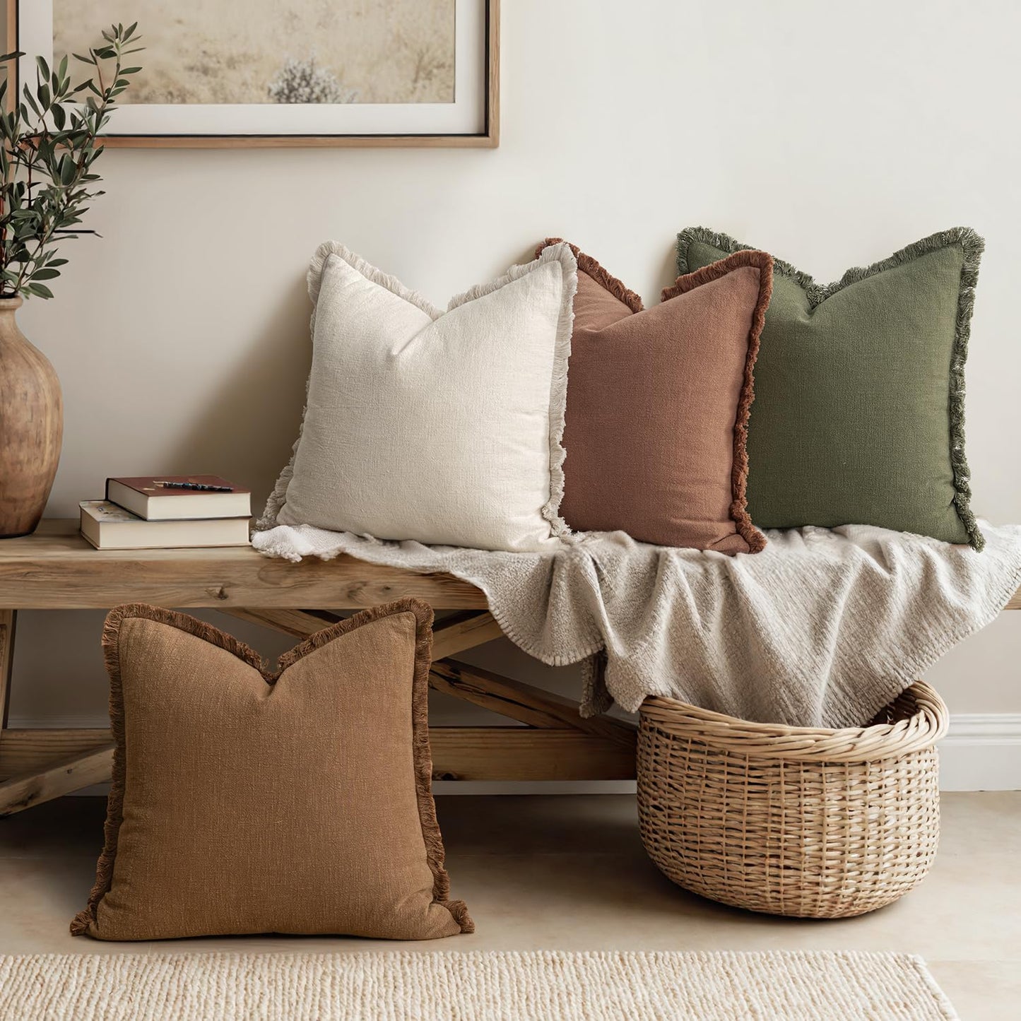 MIULEE Decorative Couch Pillow Covers Neutral Linen Fringe Throw Pillows Set of 4 Soft Rustic Cushions Boho Farmhouse Pillowcases for Bed Sofa Living Room Home Decor 18x18 Inch Beige/Brown/Green
