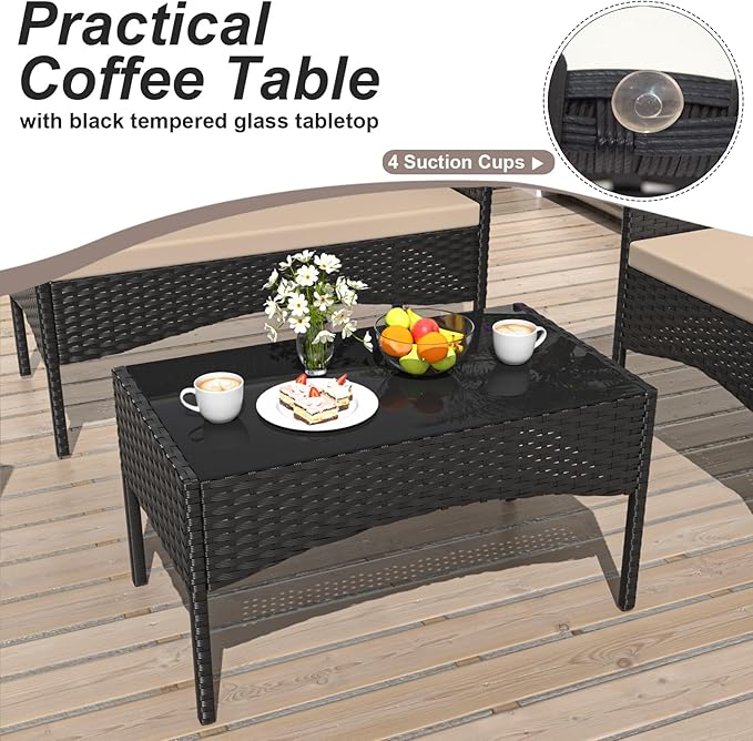 ASJMR 4 Piece Patio Rattan Conversation Set, Outdoor Rattan Chair Wicker Furniture Set, Couple Seats and Tempered Glass Table,Comfort Seat for Patio, Pool or Backyard