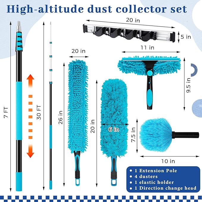 36 Foot High Reach Duster Kit with 7-30 ft Extension Pole, High Ceiling Fan Cleaner Duster Tool for Fan Blades, Window Squeegee, Washable Dust Brush for Roof and Glass Surfaces (7-30 ft)