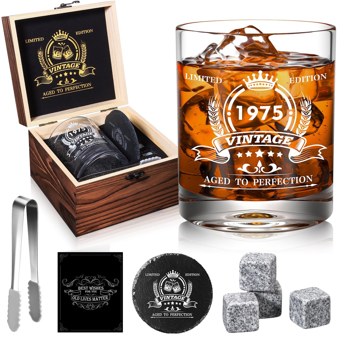 veecom 50th Birthday Gifts for Him, Funny 50th Birthday Gifts for Men, 12oz Whiskey Glasses for Dad, Boss, Brother, Mens 50th Birthday Gift Ideas, Cool Gifts for 50th Birthday Bourbon Gift, Wood Box