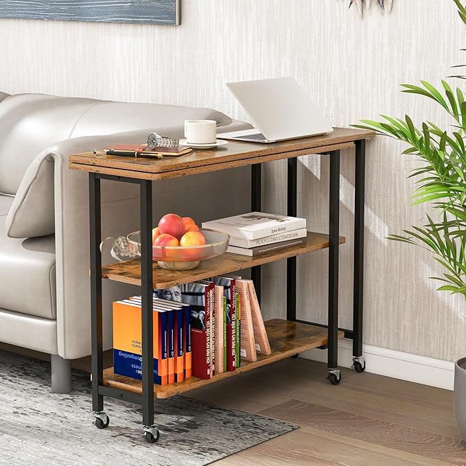 Giantex 360° Free Rotating Sofa Side Table, Mobile L-Shaped Laptop Desk with Sturdy Metal Frame, 6 Universal Casters, Movable Couch Snack Table with 2-Tier Storage Shelf for Home (Brown)