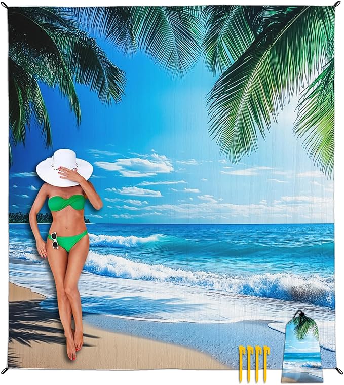 Beach Blanket Waterproof Sandproof, Palm Tree Oversized Extra Large Picnic Mat 83"×95"/8 × 7 FT for 1-7 Adults for Travel ...