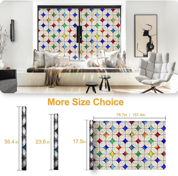 QHY Sunshine Colorful Rainbow Stained Glass Window Film Non-Adhesive Window Privacy Film Reusable Decorative for Room (Rainbow Mosaic, 23.6 x 78.7 in)