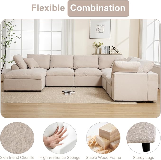 KIVENJAJA 130.3" W Oversized Cloud Couches for Living Room, 7 Seater Convertible Modular Sectional Sofa with Ottoman, Large U Shaped Corner Couch Furniture Set, Chenille Fabric, Modern, Beige