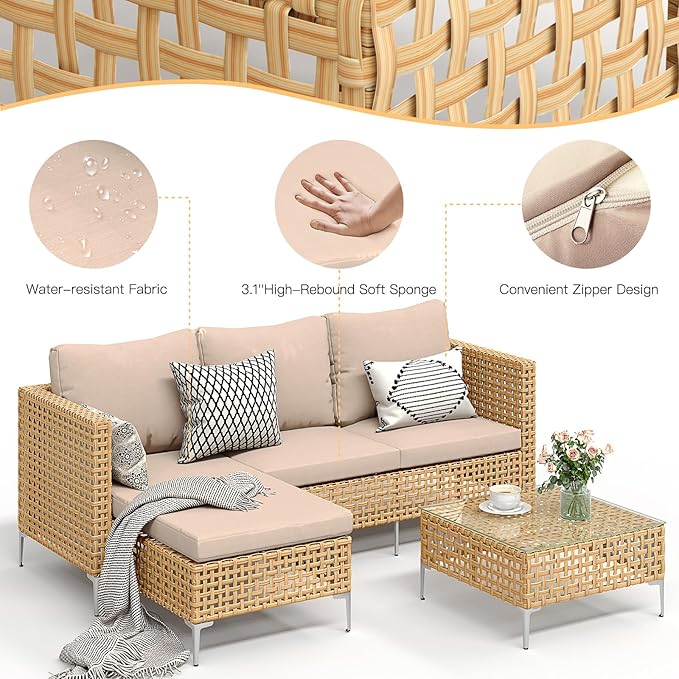 Ophelian 3 Piece Outdoor Furniture Set, Apartment Patio Sectional Furniture, Patio Chaise Sofa Sets with All Weather Manual Rattan, Perfect for Balcony, Porch, Lawn, Backyard (Yellow/Beige)