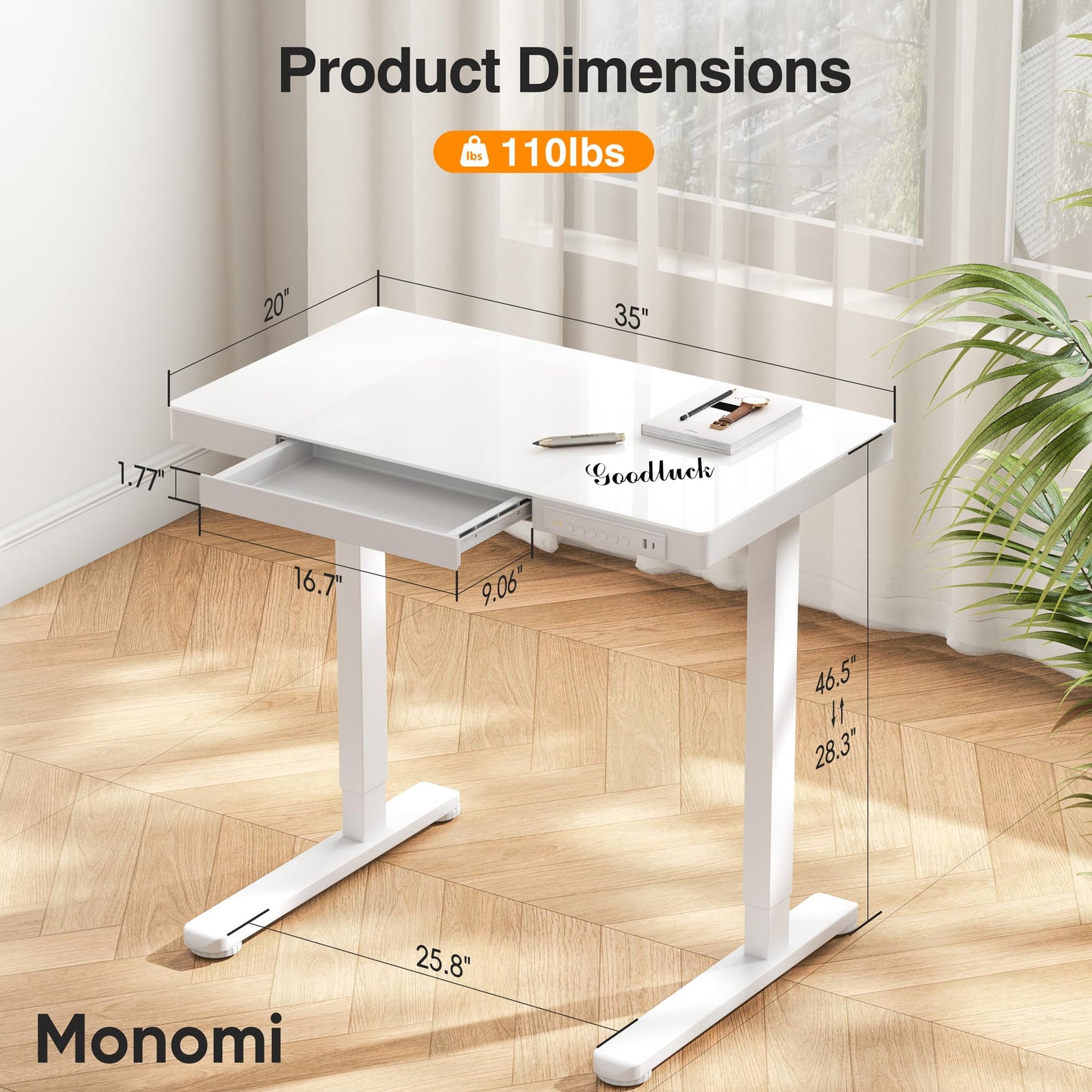 Monomi 35" Glass Standing Desk with Drawer and USB Ports, Electric Height Adjustable Desk for Home Office, White Sit Stand Table with Storage, Easy Assembly Computer Desk for Small Spaces