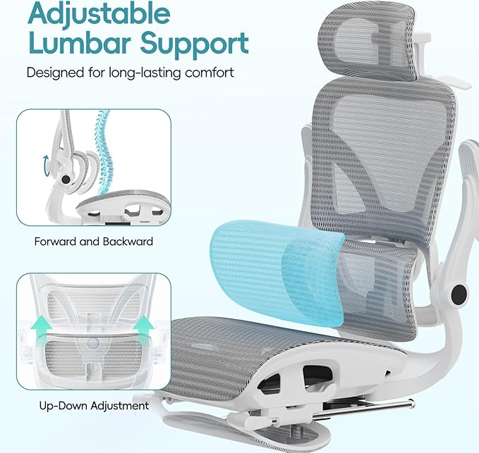 Alllion Ergonomic Mesh Office Chair, Home Desk Chair Comfy High Back with Adjustable Lumbar Support, 3D Headrest, Flip-up Arms, Big and Tall Reclining Computer Gaming Chairs for Men Women, Grey