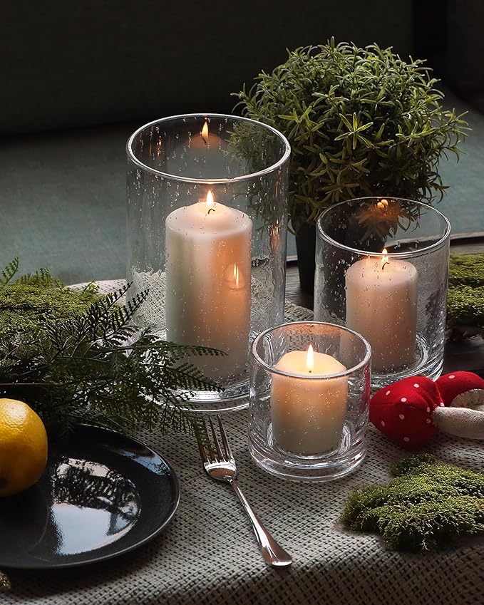 ARIAMOTION Hurricane Glass Candle Holders Set, Pillar Votive,Clear Seeded Bubbles Cylinder Vase,Modern Rustic Table Center...