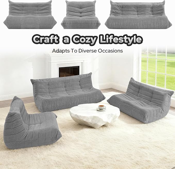 HABUTWAY Bean Bag Chairs Fireside Lazy Floor Sofa, Soft Teddy Fleece 2 Seater Sofa with High-Resilience Foam Filling，Beanbag for Living Room, Bedroom, Office (Light Gray Teddy)