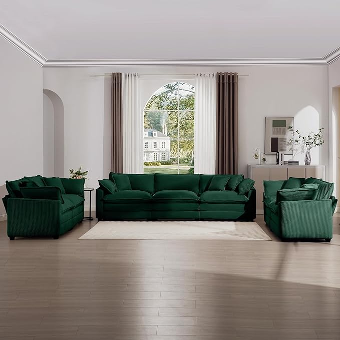 mikibama Luxury 3 Piece Sofa Set, 3-Seater & 2 Loveseat Couch Set, Modern Corduroy Comfy Cloud Couches Set for Living Room Office with 6 Armrest Pillows and 7 Toss Pillows, Green