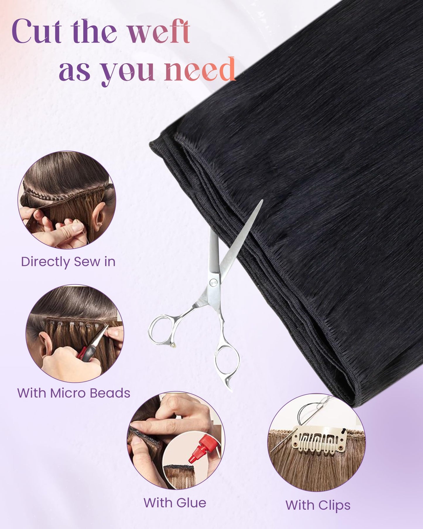 LaaVoo Weft Hair Extensions Human Hair Black Women Sew in Wefts Human Hair Extensions Straight Weft Extensions Jet Black 20 Inch