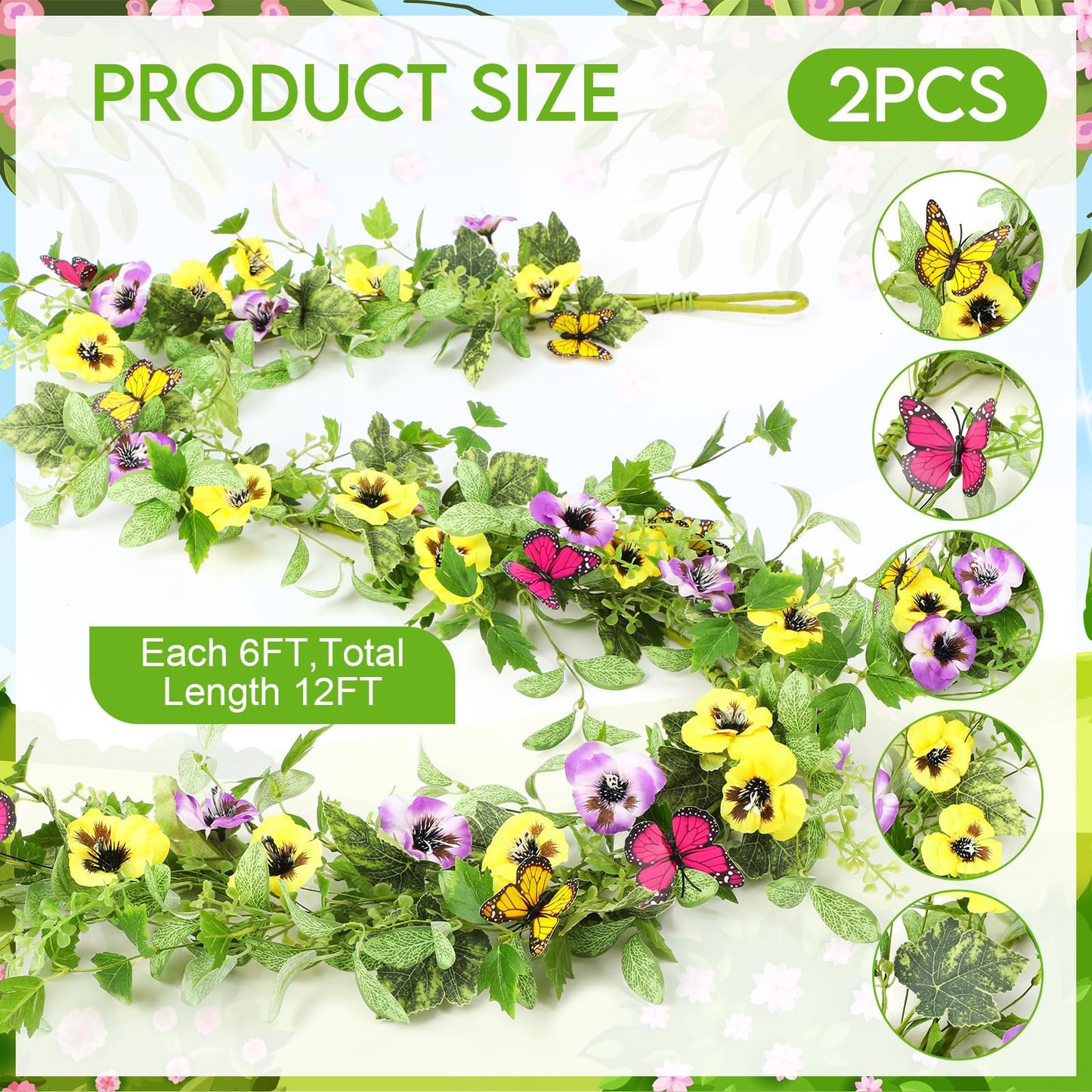 XunYee 2 Pcs 6 ft Artificial Summer Flower Garland for Mantle Pansy Flower Butterfly Eucalyptus and Ivy Leaves Wreath Garland for Farmhouse Home Stairs Fireplace Summer Indoor Decor