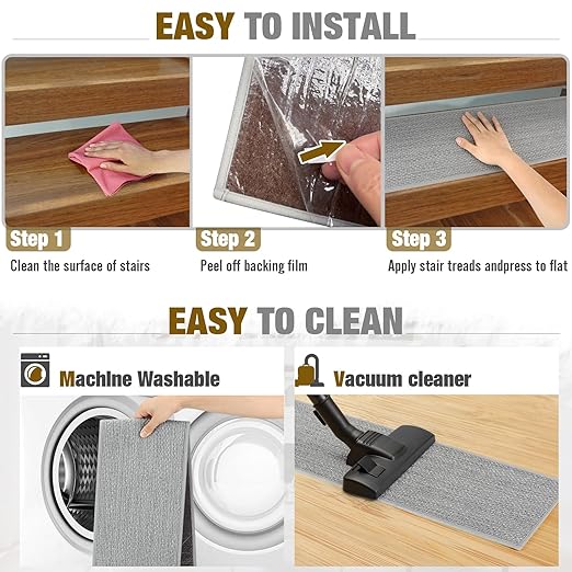 Stair Treads Non Slip for Wooden Steps Indoor 10" x 30" 4 Pack Extra Wide Stair Tread Carpet Stairs Runner, Step Pads with Reusable Adhesive for Dogs Kids Elders, Machine Washable, Light Grey