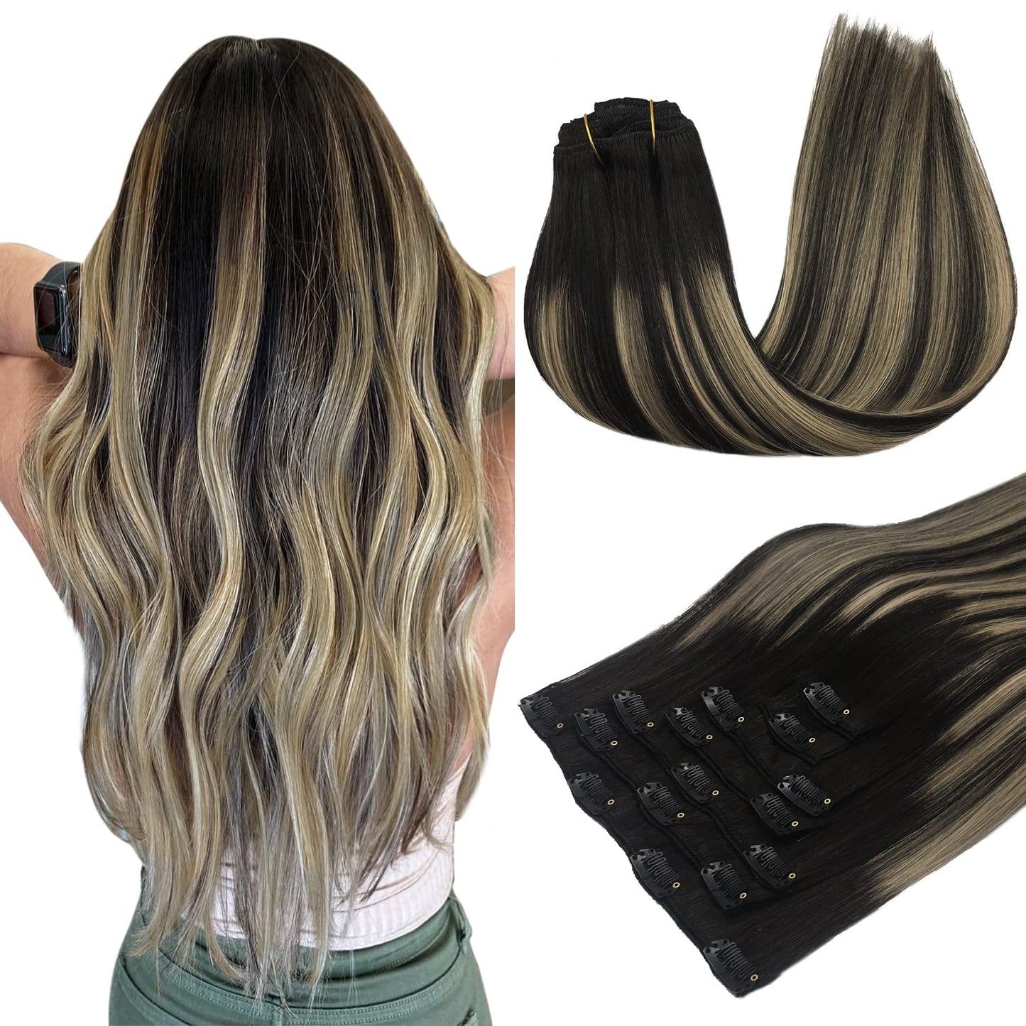 Hair Extensions Real Human Hair, 22 Inch 120g 7pcs, Balayage Natural Black to Light Blonde, MAXITA Clip in Hair Extensions Remy