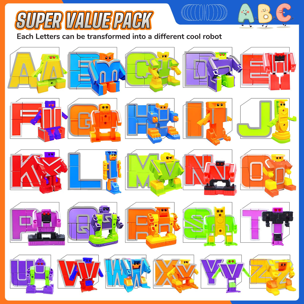 HOPANDOS Alphabet Robots Transforming Toys with 26 Phonics Cards & Storage Box, Toddlers Education Toy, ABC Learning Robots for Kids Ages 3-7 Boys and Girls Birthday Gifts