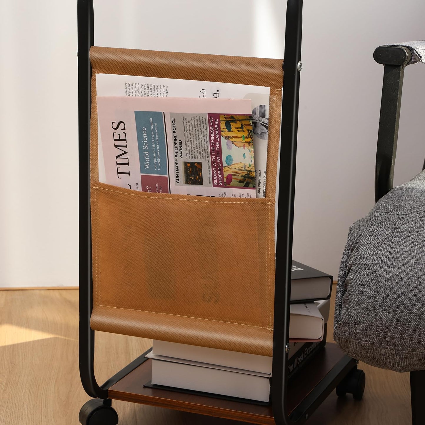 diowewea C Shaped End Table, Adjustable Height Side Table for Small Spaces, C Table with Wheels, Couch Table with Storage Shelf and Fabric Storage Bag, Side Table for Sofa Living Room Bedroom Brown