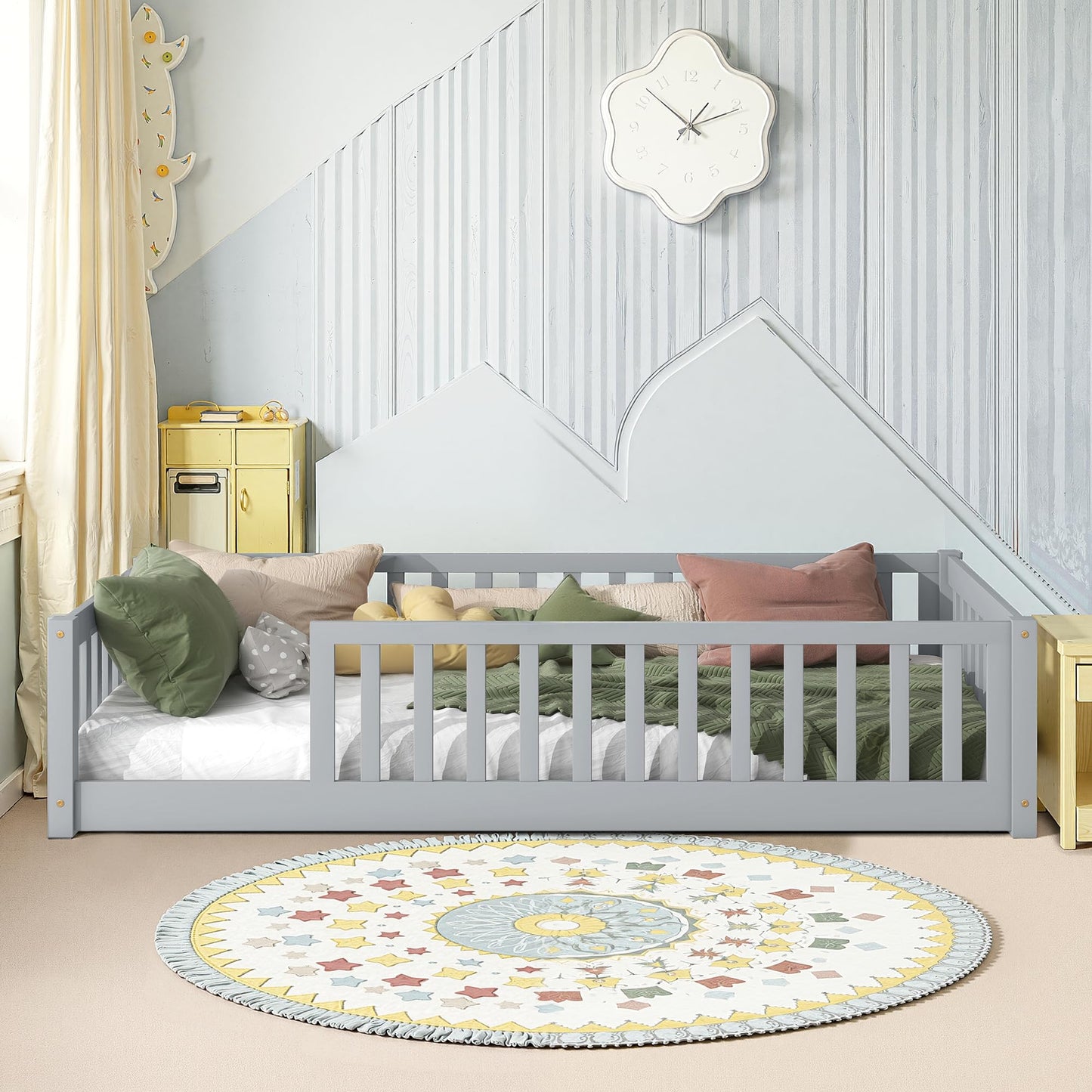 Lyngins Twin Size Floor Bed for Kids Montessori Bed Frame with Wood Slats, High Fence Floor Bedframe Twin Beds for Boys, Girls, No Doors, Gray