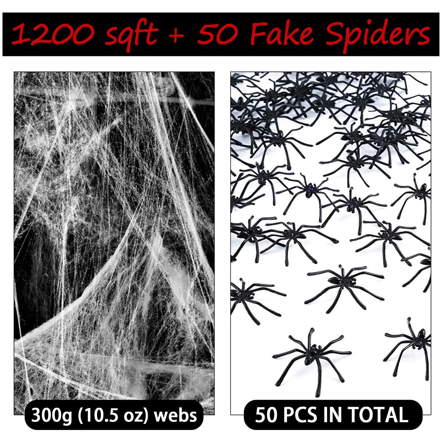 Famoby 1200 sqft Halloween Spider Webs & 50pcs Fake Spiders Super Stretch Cobwebs for Halloween Theme Decoration Indoor and Outdoor Party Supplies