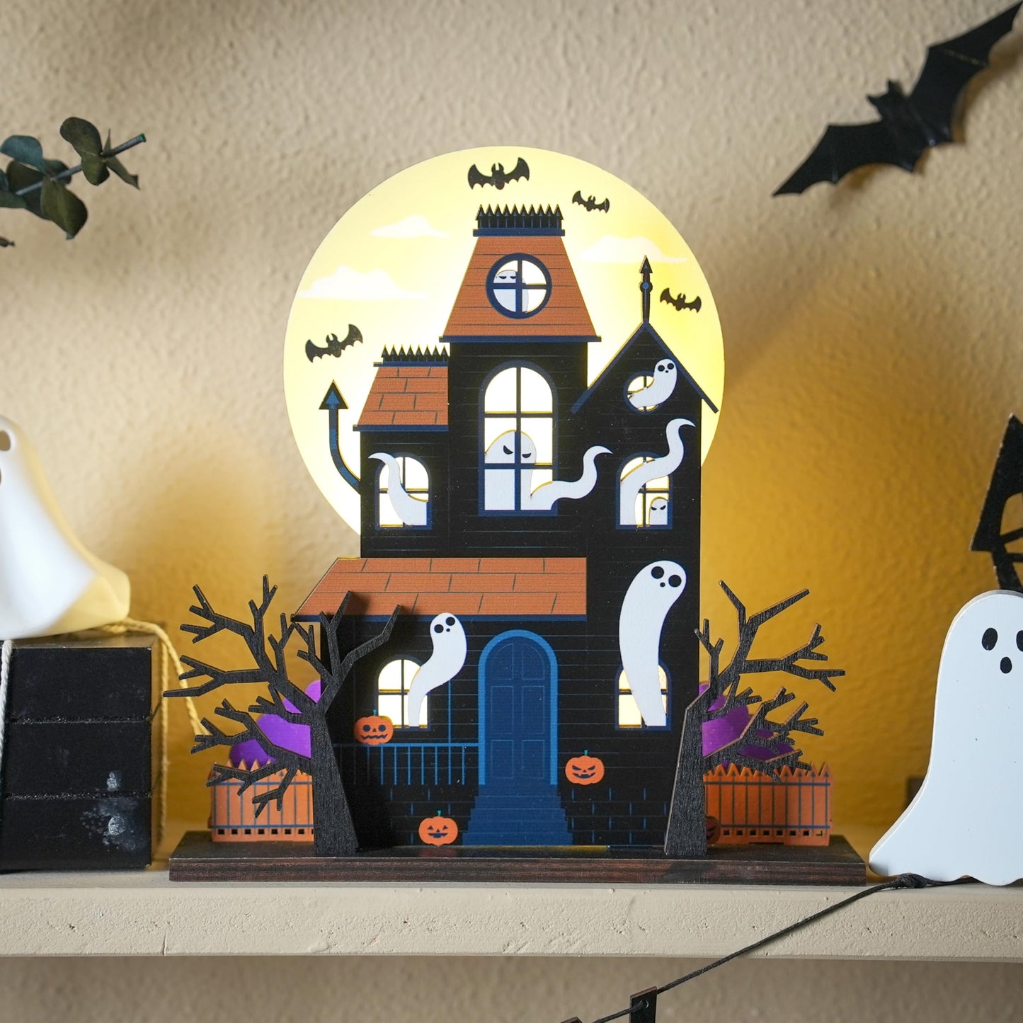 FESTGLOX Halloween Haunted House Decorations, Detachable Light Up Ghost House, Wooden Halloween Tabletop Decorations, Battery Operated Lighted Houses Village Indoor Spooky Decor