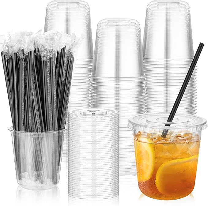 tchrules 100 Set 12oz Plastic Cups with Lids and Straws, Disposable Clear Iced Coffee Cup with Lid, Round Bottom Plastic T...