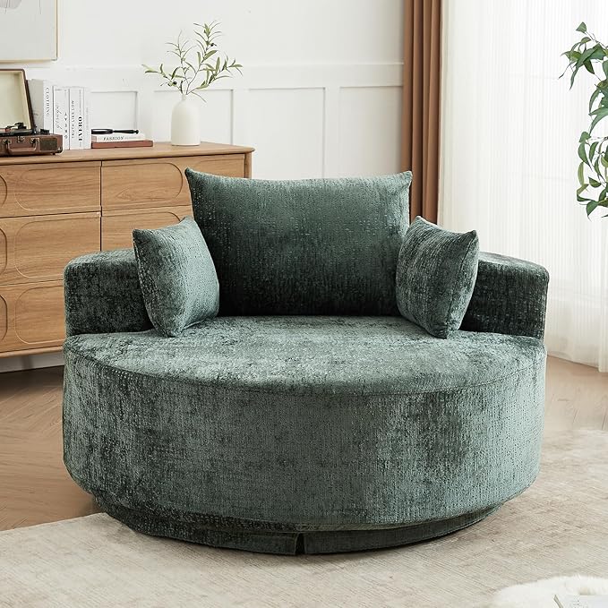 Oversized Round Swivel Chaise Longue Chair Indoor, Modern 55-inch 360 Degree Swivel Upholstered Chenille Deep Seat Circle Single Cloud Sofa Chair for Living Room Bedroom Apartment Office, Green