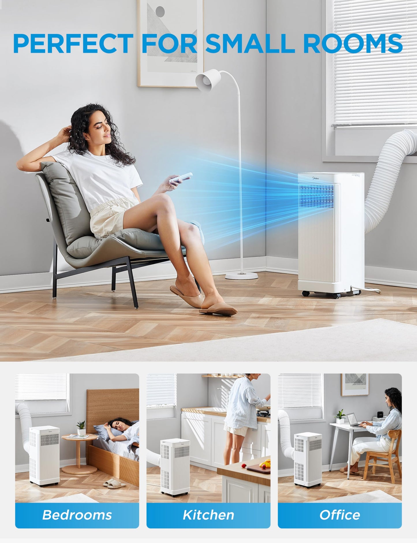 Midea 8,500 BTU ASHRAE (5,000 BTU SACC) Portable Air Conditioner, Smart Control, Cools up to 150 Sq. Ft., with Dehumidifier & Fan mode, Easy- to-use Remote Control & Window Installation Kit Included"
