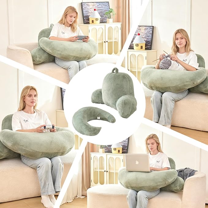 PAJEO Reading Pillow for Bed,U Shaped & Back Support Pillow for Bed,17" Backrest with Lumbar & Arm Support,Luxurious Faux Rabbit Fur,Gaming PillowFor Crochet/Reading/Watching TV,Green