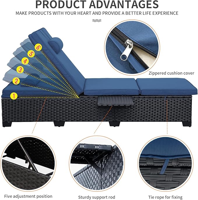 WAROOM Outdoor Chaise Lounge Chairs for Outside Patio Furniture Set of 2 Wicker Recliner Black Rattan Reclining Pool Sunbathing Chair Adjustable Backrest Lounger with Blue Cushion
