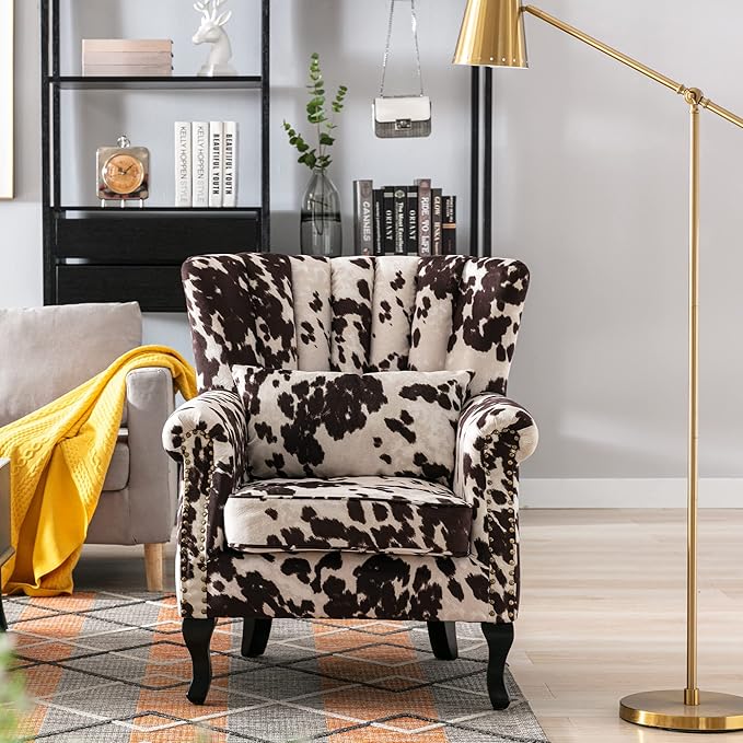 DM Furniture Cow Print Accent Chairs Set of 2 with Arm Comfy Velvet Living Room Chair Mid-Century Modern Wingback Side Chair Single Sofa Couch for Bedroom Guest Room