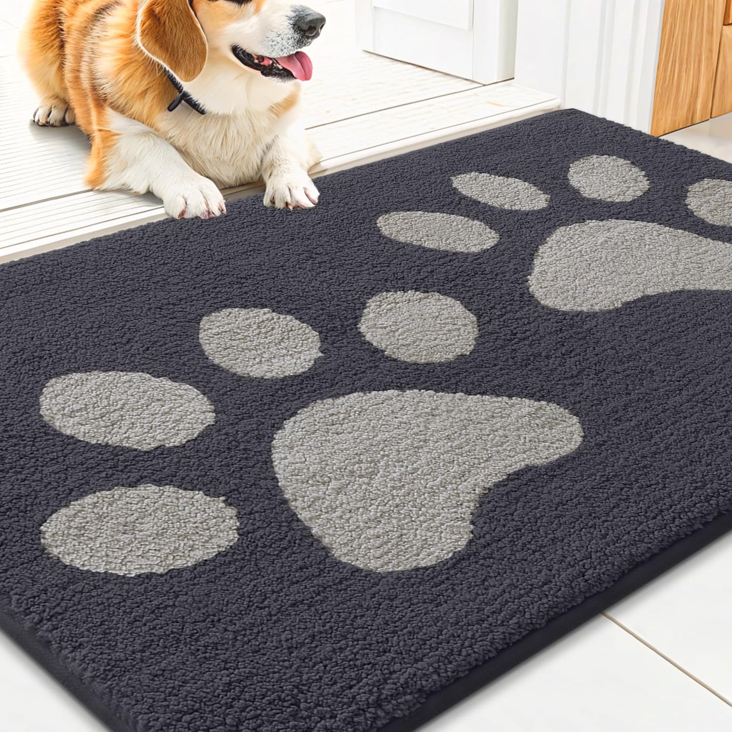 Smiry Dog Door Mat for Muddy Paws 30x20, Dirt Trapper Non Slip Washable Indoor Doormats, Absorbent Entryway Carpet for Inside Floor, Dark Grey