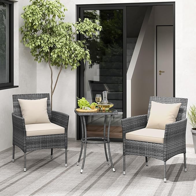 Tangkula 3-Piece Patio Furniture Set, PE Wicker Conversation Bistro Set w/A Tempered Glass Table & 2 Cushioned Chairs, Outdoor Table & Chairs Set for Patio Porch Yard Garden (Mix Gray+Off White)