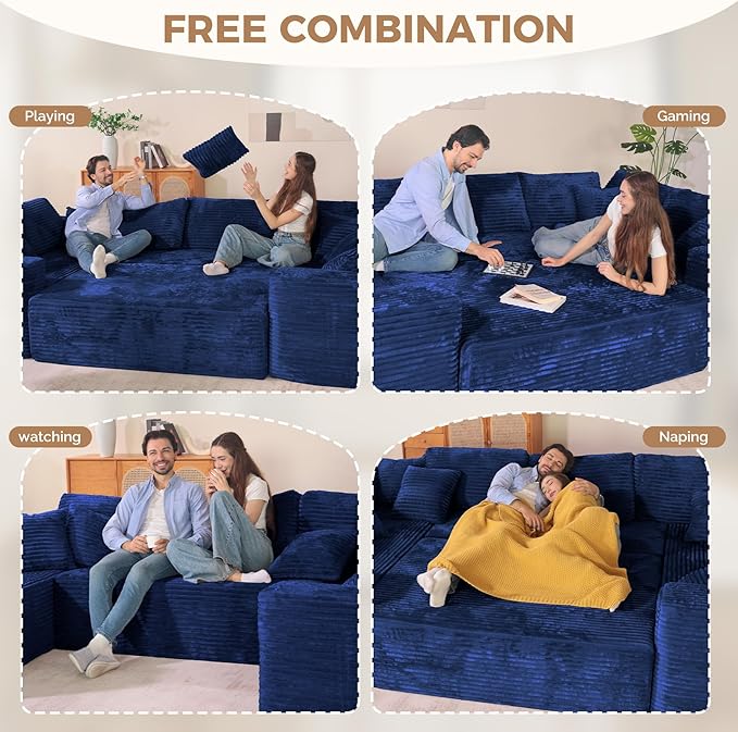 136'' Large Sectional Cloud Couches with Chaise, U Shaped Boneless Loveseat Sofa, No Assembly Required Deep Seat Modular Lounge for Living Room 3PCS Set, Bedroom(Blue)
