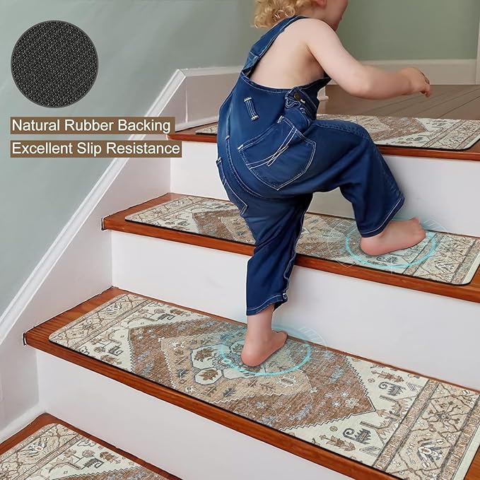 OJIA Super Non-Slip Stair Treads for Wooden Steps, 30"X8" Indoor Stair Runners Slip Resistant Stair Rugs Safety Mats for Dogs, Kids & Elders, Rubber Backed Stair Treads Stair Covers (15PC)