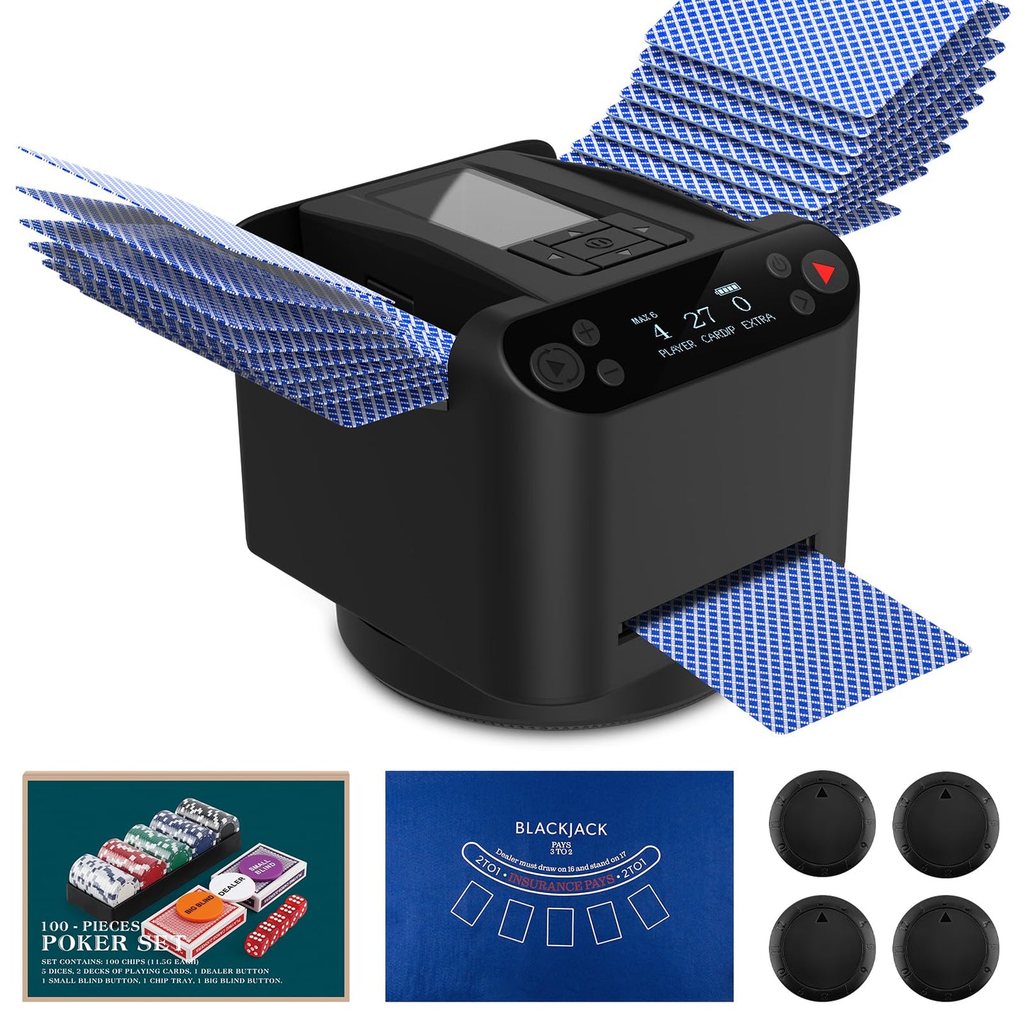 Automatic Card Shuffler and Dealer 2-in-1 with Extra Gift 100PCS Poker Set and Casino Felt - Support 12 Players, 4 Drawing Remotes, Built-in Gameplays, 360°/180° Deal, 2 Decks for Poker, UNO, Phase 10