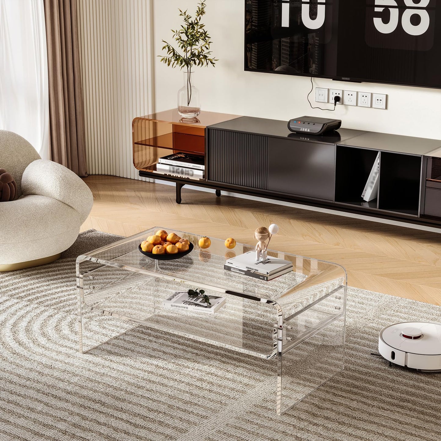 DOHWSK 2-Tier Acrylic Coffee Table, Side End Table with Storage Shelf, Modern Center Table for Living Room, Office, Bedroom, Home Small Space, Easy Assembly (Clear)