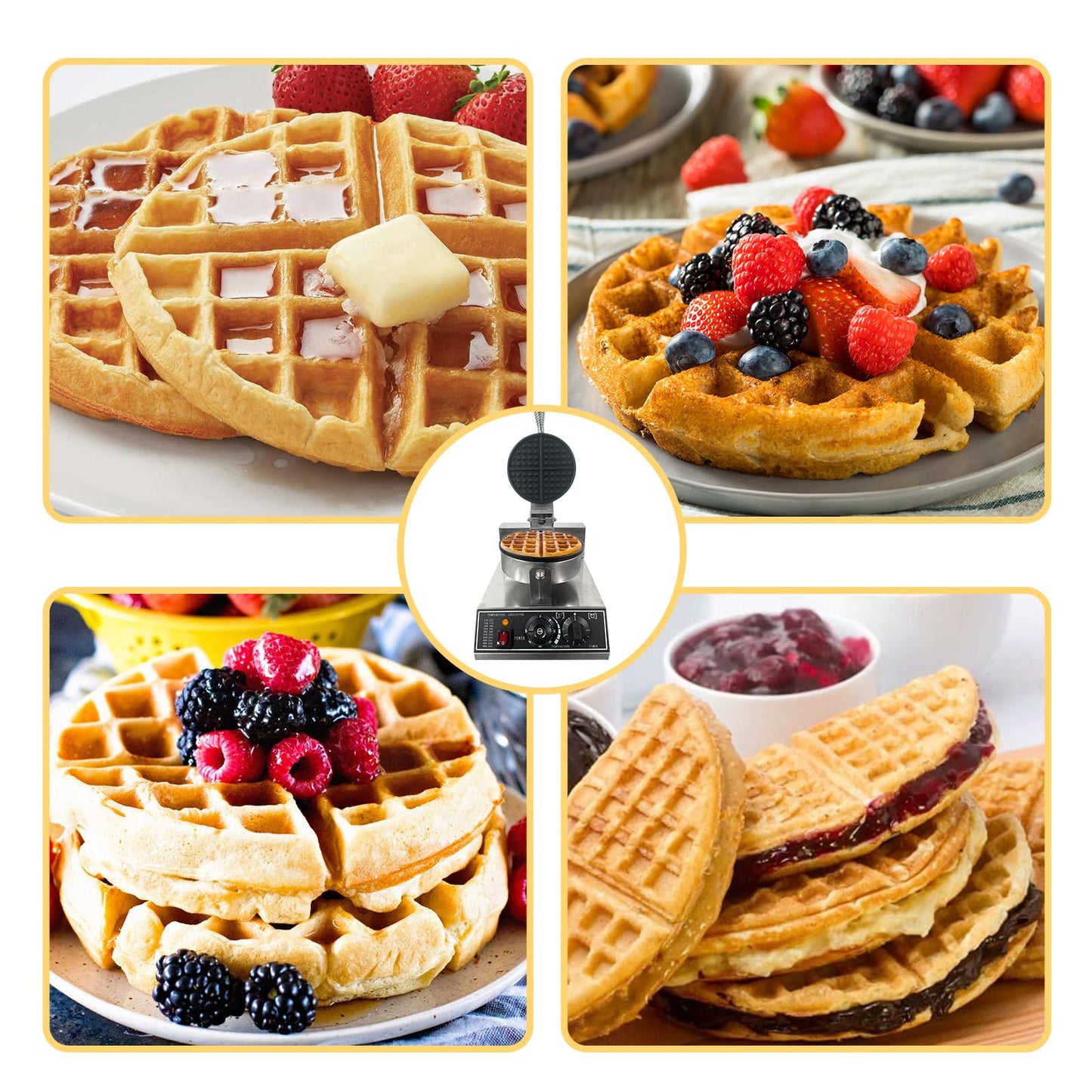 Commercial Waffle Maker, 1200W Stainless Steel Nonstick Round Waffle Iron with 122℉ to 572℉ Temp Range & Time Control, for Household Bakeries Snack Bar