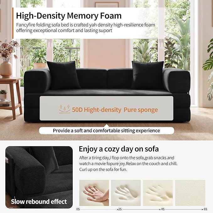 Fancyfire 78.8" Convertible Sofa Bed with Armrest Pillow,4-in-1 Sleeper Couch Bed for Livingroom,Modular Corduroy Boneless couches,No Assembly (Black)