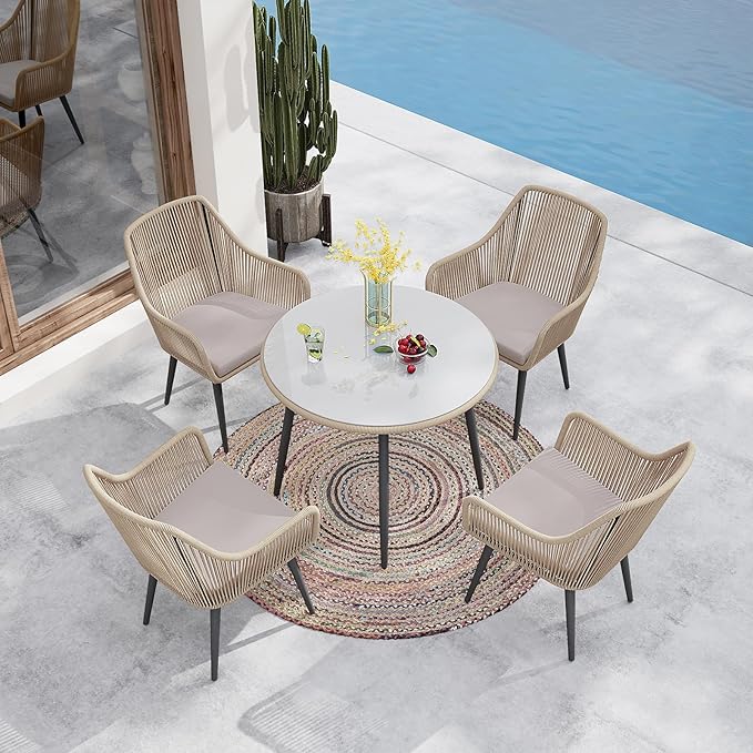 Patiorama Outdoor Dining Chairs, Patio Dining Chair Set of 2, All-Weather Woven Rope Rattan Chairs, Outdoor Dining Wicker Chairs with Armrests for Indoor Balcony Pool Backyard(Tan)