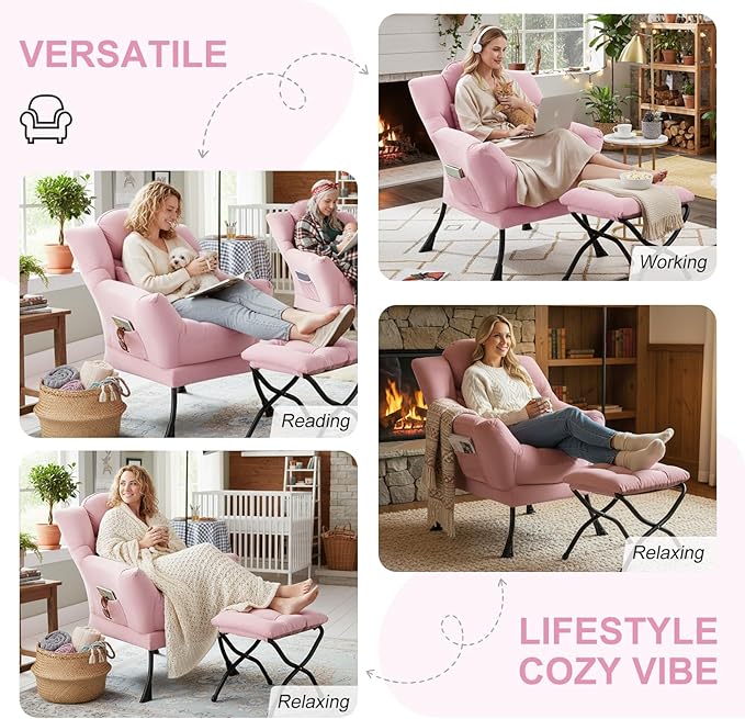 Furlide Lazy Chair with Ottoman, Modern Lounge Chair with Lumbar Pillow, Accent Cozy Reading Armchair and Folding Footstool for Bedroom, Dorm, Living Room,Pink