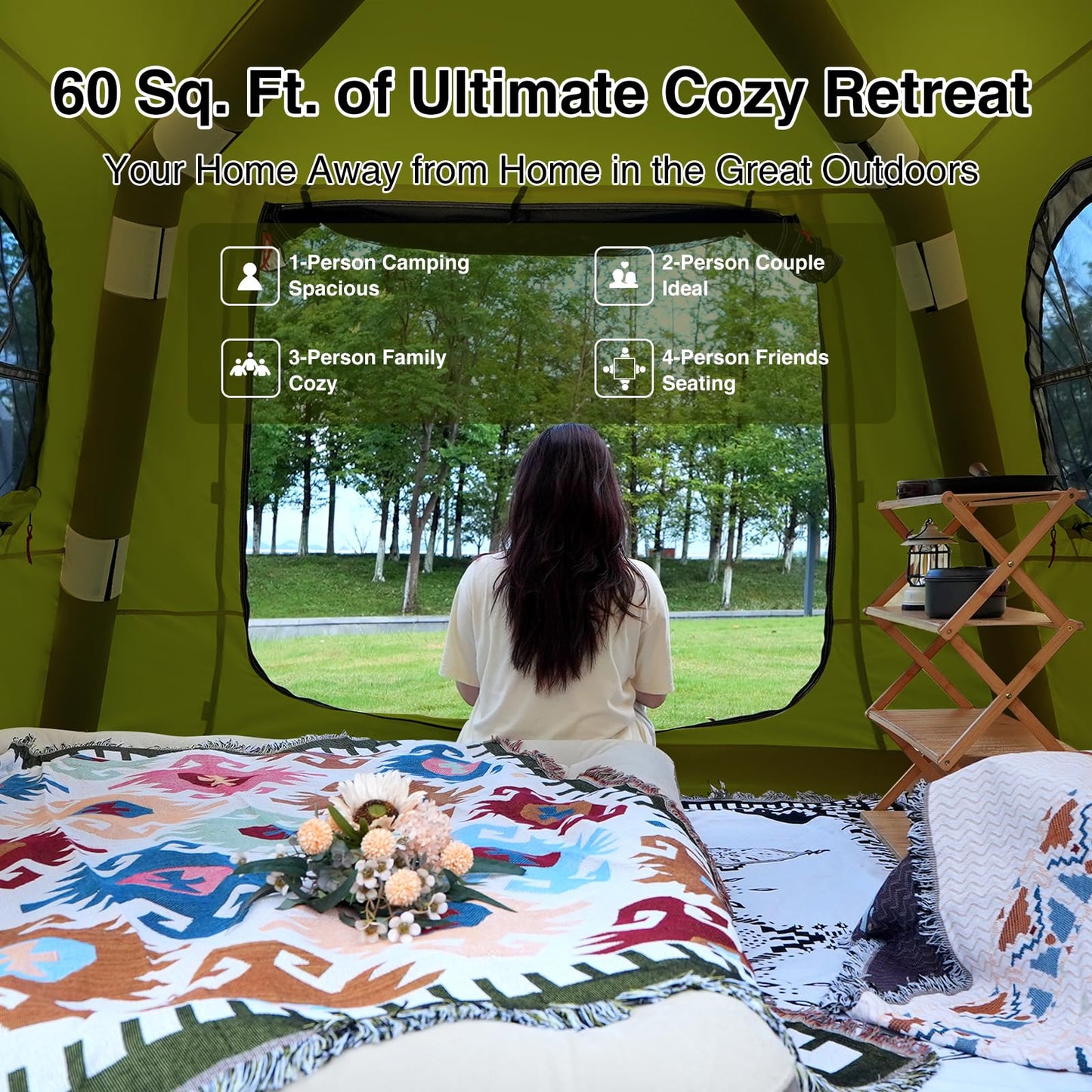 KNUO Inflatable Tent for Winter Camping 7.8x7.8ft Blow Up Air Tents, No Assembly Needed Luxury Glamping Tent for 1/2/3 People, Waterproof Oxford, Field Green