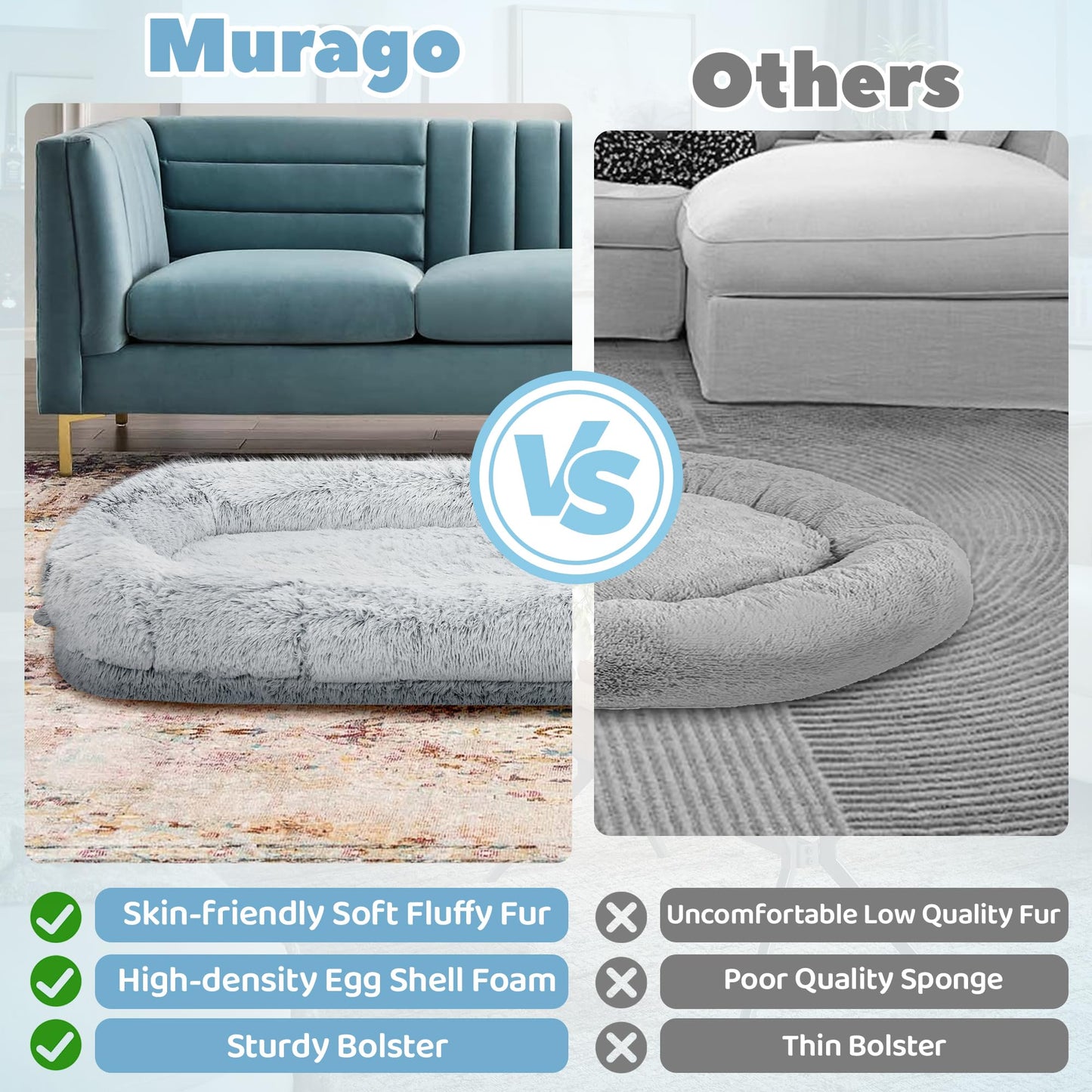 Murago Human Dog Bed for Adults, 46 x 10 x 76 Long Human Size Dog Bed, Removable Cover, Orthopedic Design, [Light Grey]