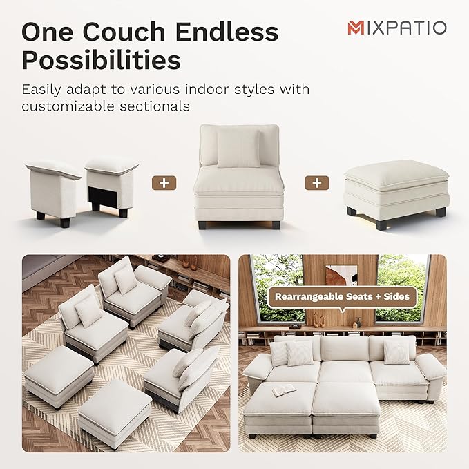 MIXPATIO 157.5" Cloud Modular Sectional Sofa, 4-Seater w/Deep Seat & Removable Arms, Plush Chenille for Living Room - Beige