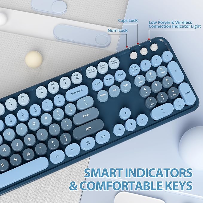 Owpkeenthy Retro Keyboard and Mouse Wireless, Cute Colorful Keyboard with Retro Typewriter Style Full-Sized with Number Pad Round Keys for Desktop, Laptop and Computerr (Gradient Blue)