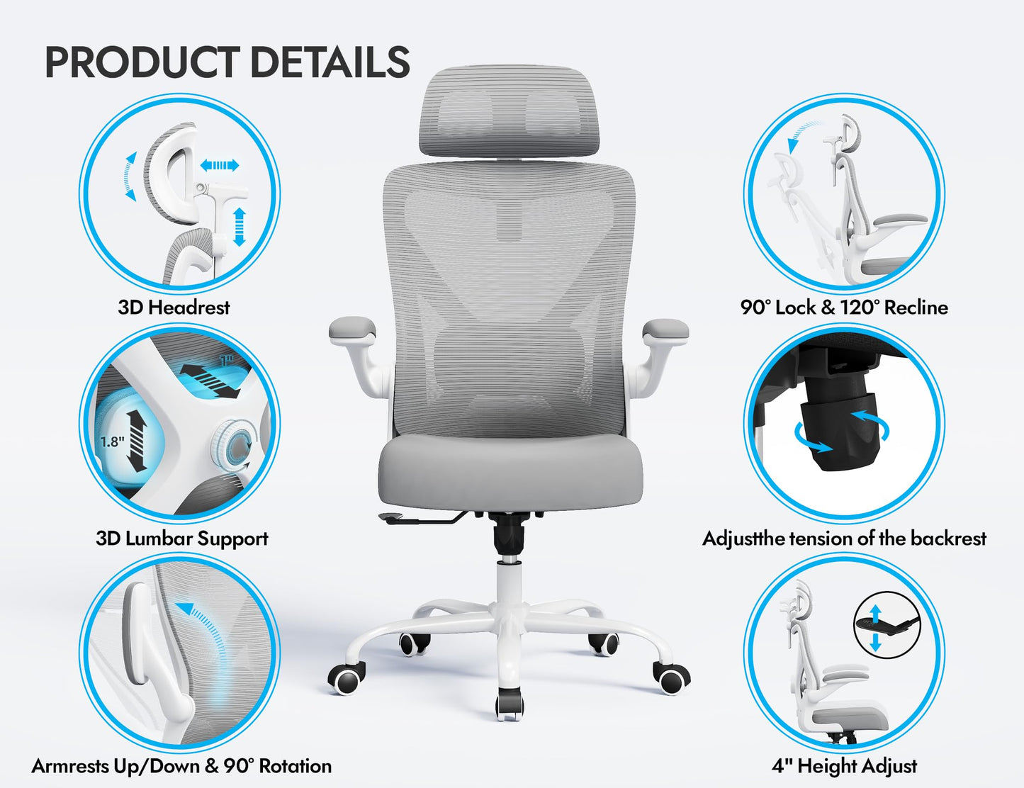 Ergonomic Office Chair: White Computer Desk Chair Comfy Gaming Chair for Adults - Office Chair with Lumbar Support & Headrest - Executive Office Rolling Chairs for Home Work (Grey)