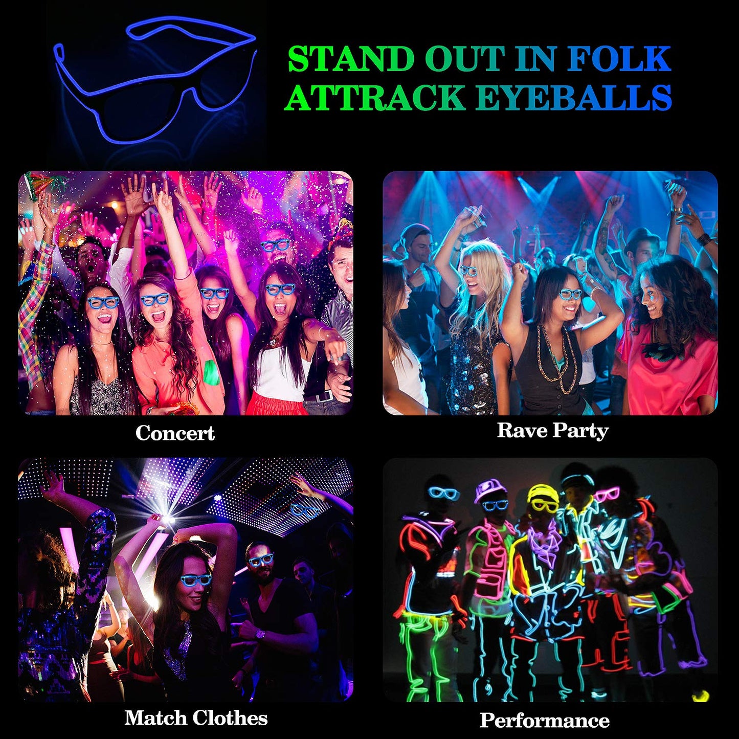YouRfocus Wireless Led Light up Glasses Glow in the Dark for Rave Party, EDM (Blue)