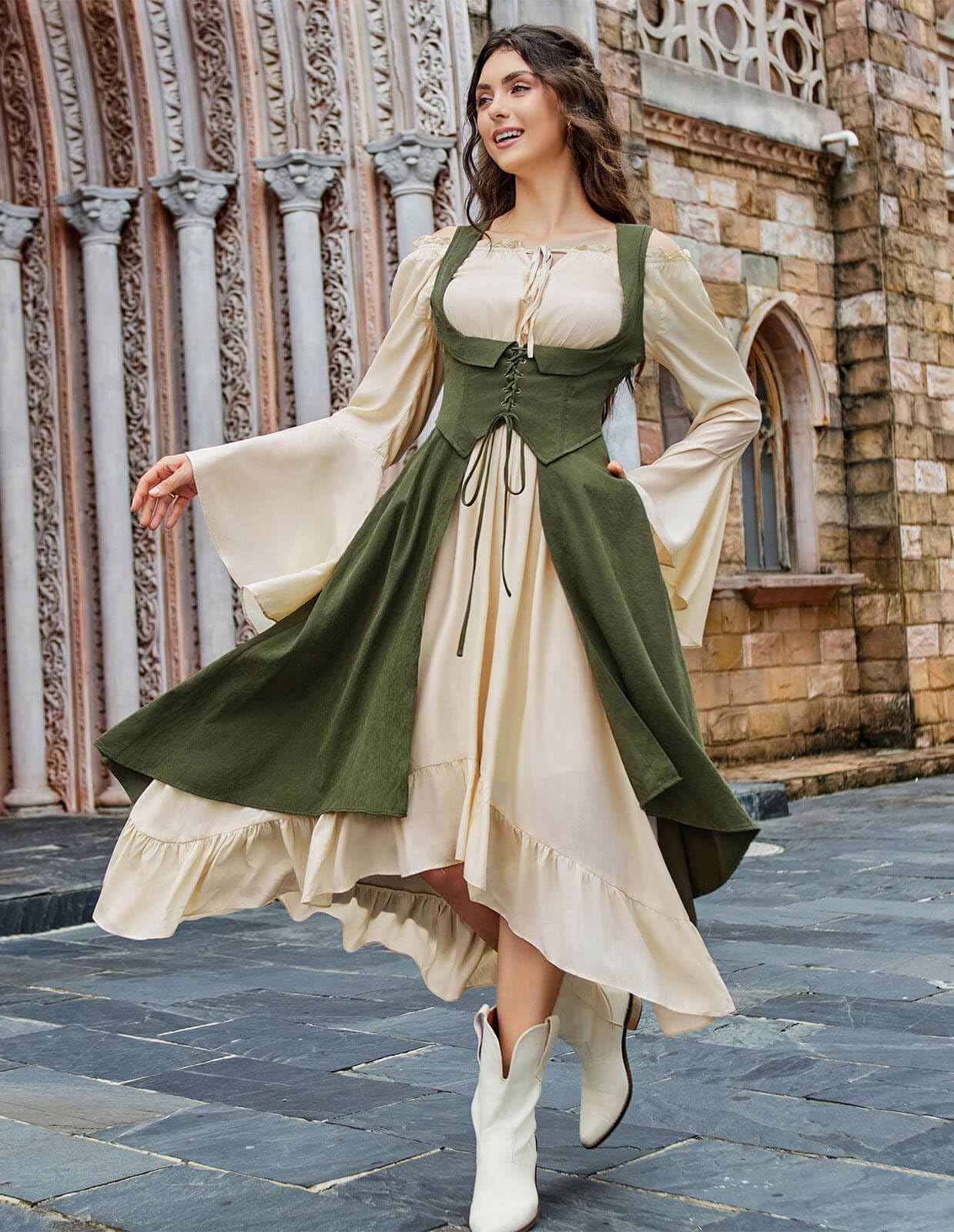 Scarlet Darkness Women Renaissance Costume Pirate Overdress Medieval Underbust Dress Army Green XXL