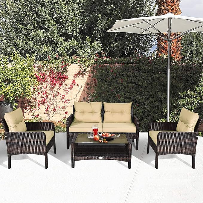 HAPPYGRILL 4-Piece Patio Furniture Outdoor Rattan Wicker Sofa Set with Cushions & Coffee Table with Tempered Glass Table Top and Storage Shelf